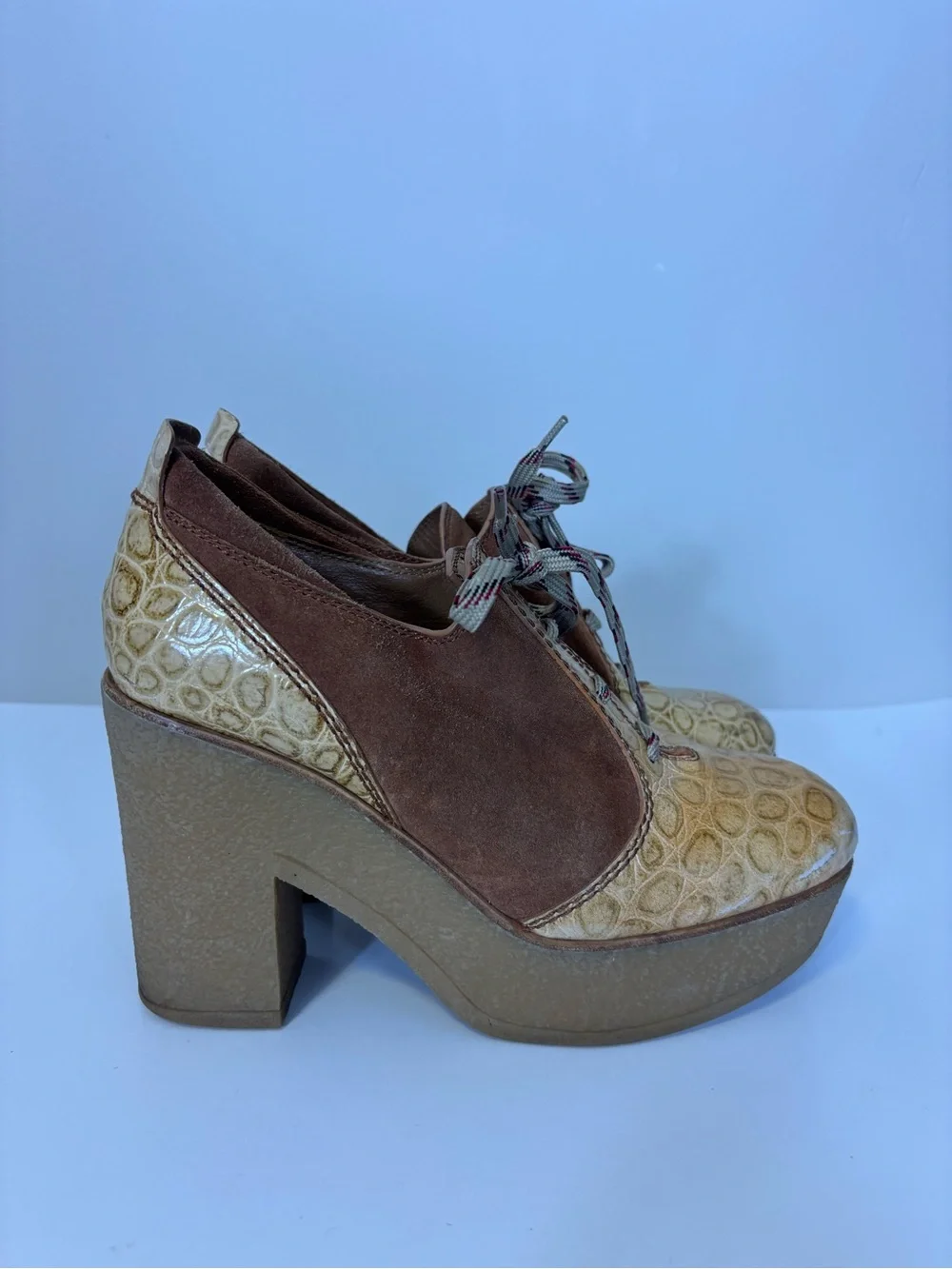 See By Chloe Brown Suede and Tan Patterned Platform Lace-Up Heels Women’s 9